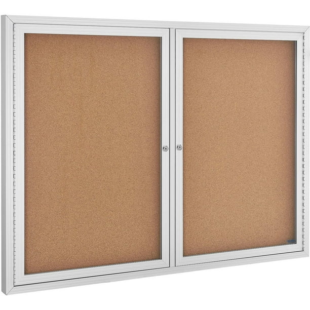 Enclosed Bulletin Board Cork Aluminum Frame 48" x 36" 2 Door
