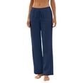 thumbnail image 4 of Womens Pants Drawstring Solid Color Pocket Casual Loose Linen Trousers Navy L, 4 of 8