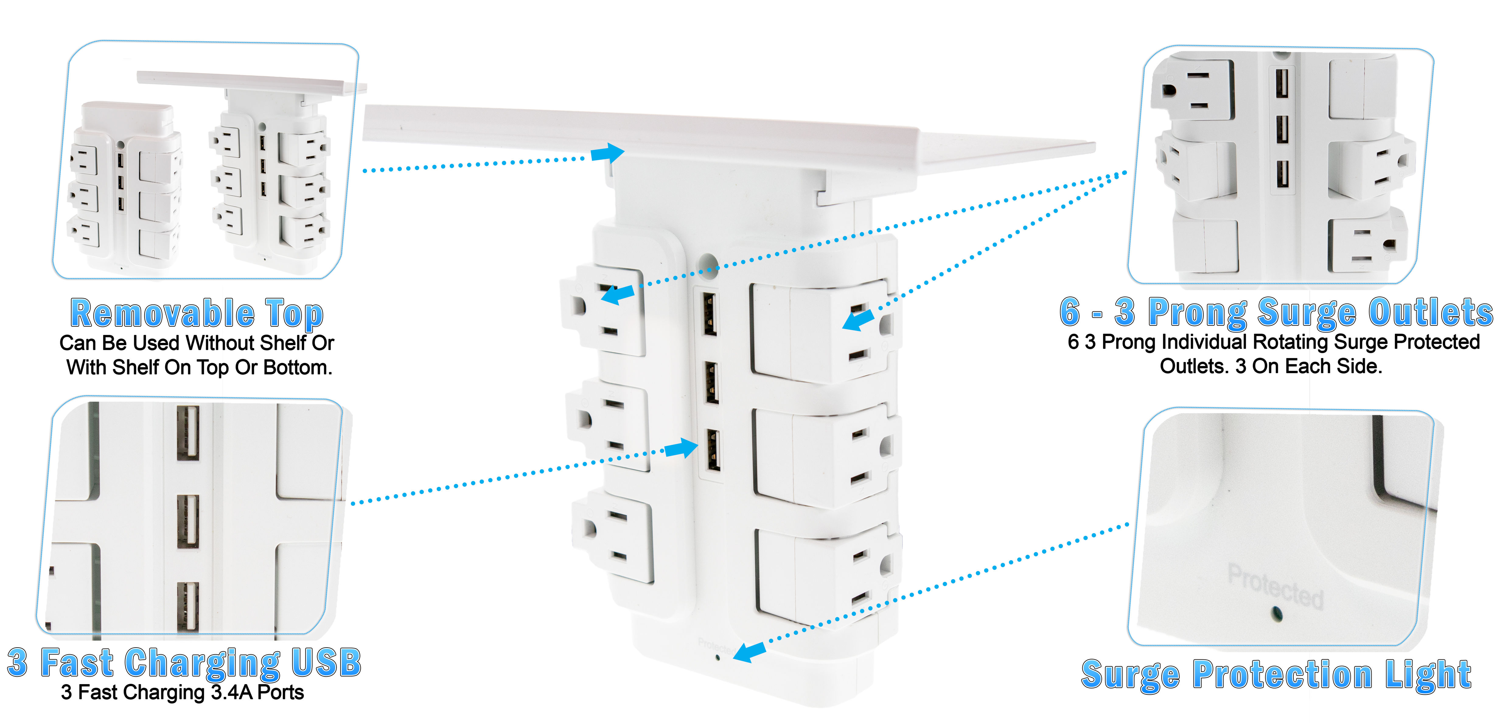 Wall Power Rotating Outlet Shelf - 6 Rotating Outlets + 3 Fast Charging USB - Rotating Electrical Socket Power Stand Holder - Space Saving + Surge Protector