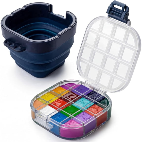 DUGATO Airtight Watercolor Palette Box (16-Well) with Lid & Collapsible Brush Basin - Portable Paint Saver for Acrylic, Gouache, Oil - Travel Art Supplies (Blue)