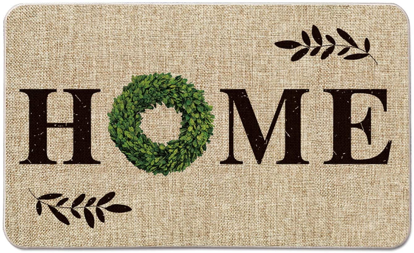 AVOIN colorlife Home Quote Boxwood Wreath Decorative Doormat, Holiday Farmhouse Low-Profile Floor Mat Switch Mat for Indoor Outdoor 17 x 47 Inch