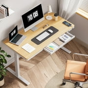 FLEXISPOT 55 W Home Office Height Adjustable Standing Desk White and Maple with USB Charge Ports and Embedded Drawer