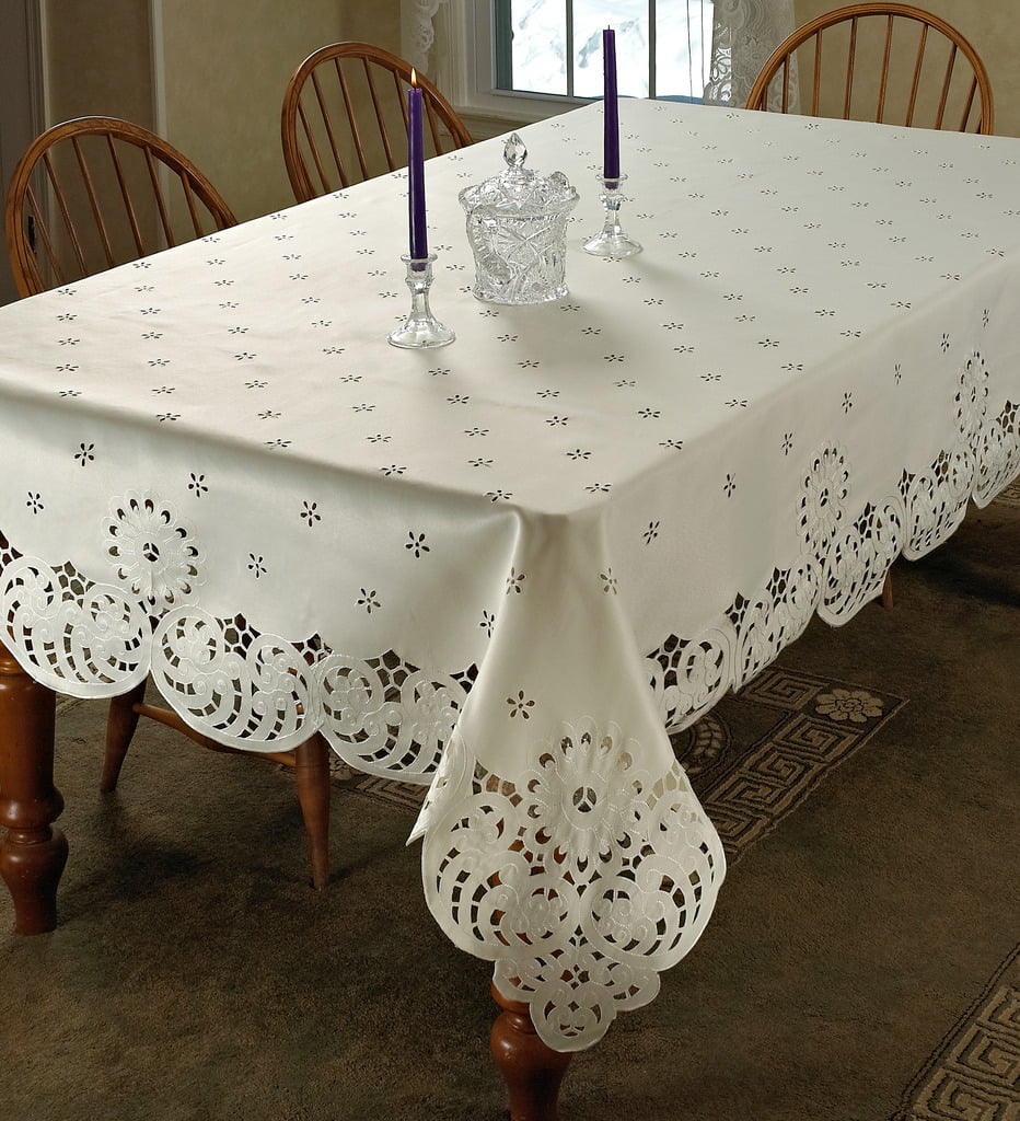 Embroidered Rose Daisy Floral Cutwork Beige Tablecloth 33x33" ROUND #3819 