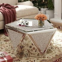COSVALVE Luxury Mirrored Silver Coffee Table with Crushed Diamond Inlay, No assembly Needed