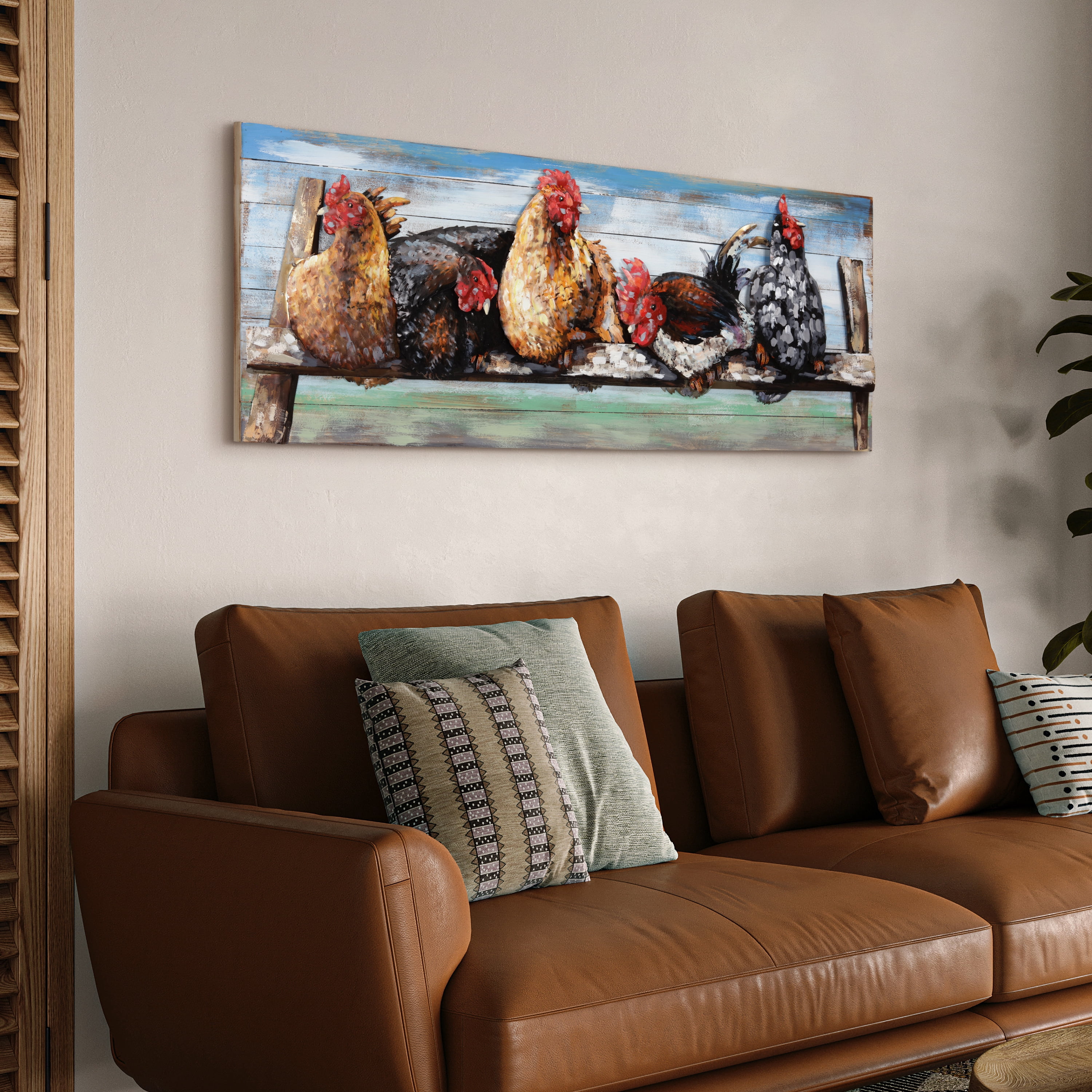 Empire Art Direct Chickens Handed Painted 3D Metal Wall Sculpture on Slatted Solid Wood Wall Art, 60" x 24" x 3.5", Ready to Hang