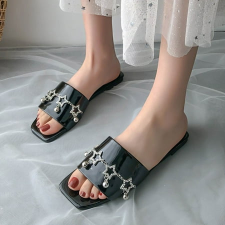 

〖Yilirongyumm〗 Black 42 Slippers For Women Fashion Summer Women Slippers Rhinestone Stars Flat Open Toe Black Casual