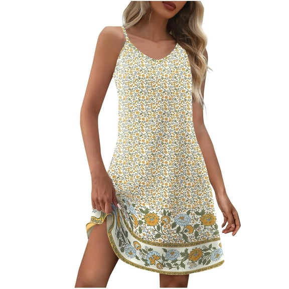 SYMOID Adult Womens Summer Ethnic Floral Print V-Neck Sleeveless Loose Fit Casual Dress,Yellow,Size L
