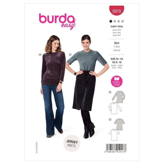 Burda Style Sewing Pattern 5970 - Misses' Slim Fit Top with Neckband, Size: A (8-10-12-14-16-18)
