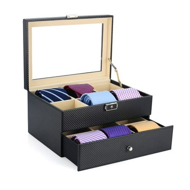 Tie Display Case for 12 Ties Black Carbon Fiber Two Level Storage Box