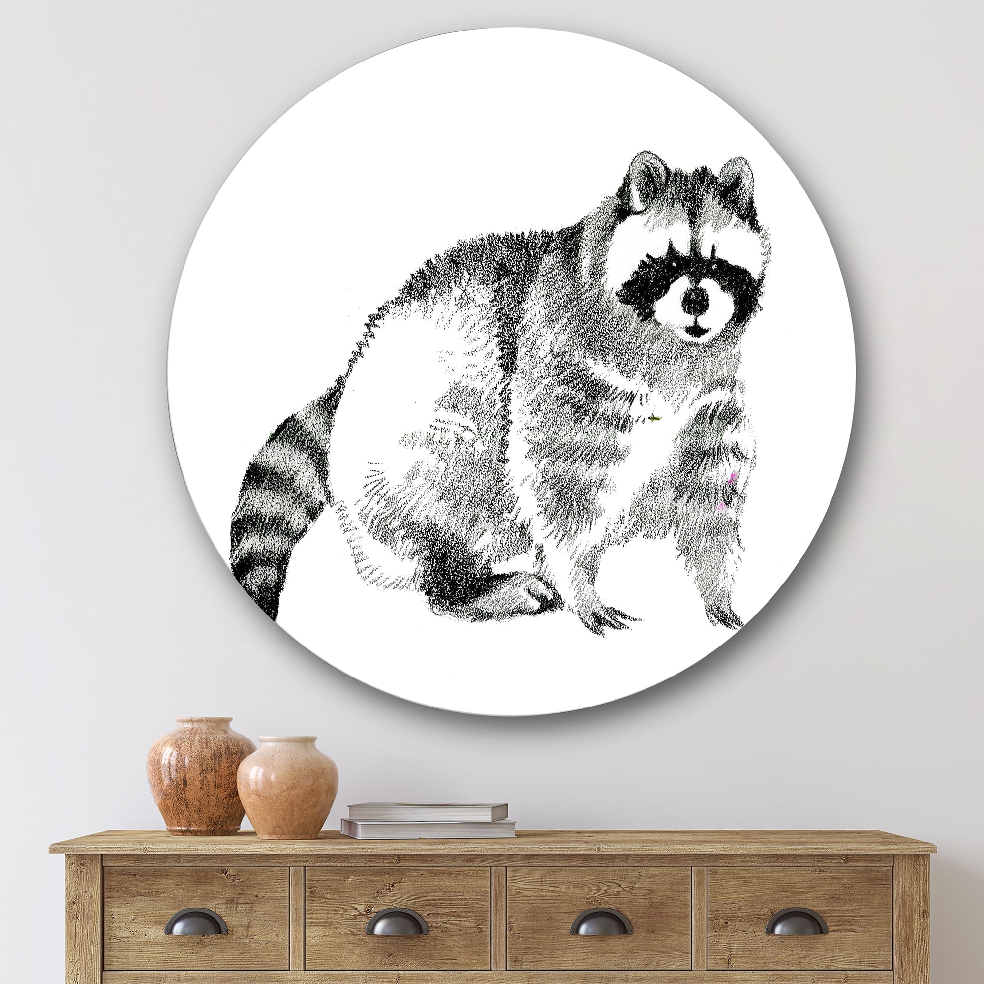 Designart 'Black and White Portrait Of Raccoon' Farmhouse Circle Metal Wall Art 29x29 - Disc of 29
