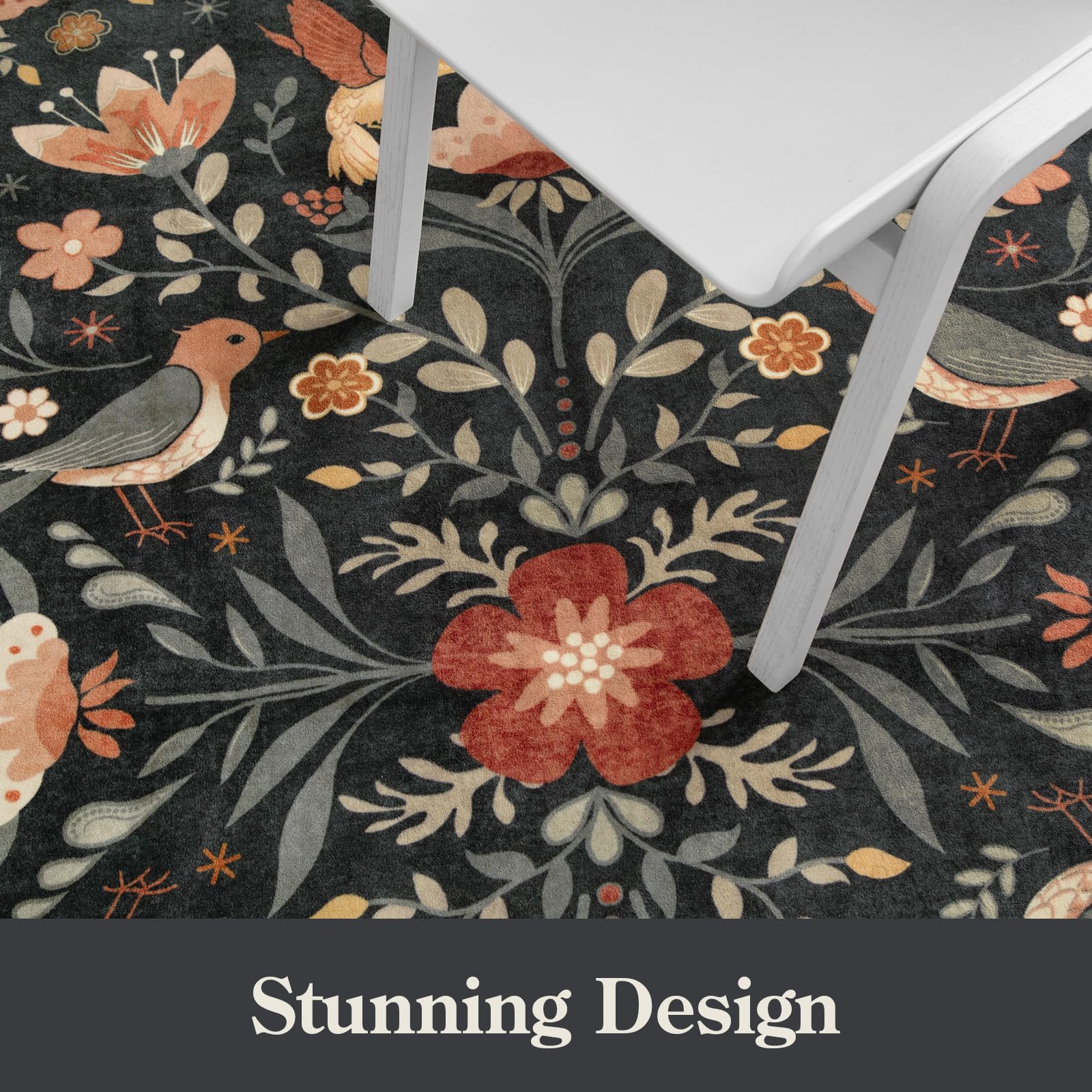 Lahome Decor 3'x5' Boho Bird Area Rugs,Floral Rug for Living Room Machine Washable,Soft Indoor Carpet,Non-Slip Low Pile for Bedroom Entrance Kitchen Office,Black