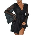 thumbnail image 3 of Oksale Womens Sparkly Sequin Dresses Asymmetrical Hem Mini Dress Long Flare Sleeve Dresses Sexy Deep V Neck Party Dress 2025 Black L, 3 of 7