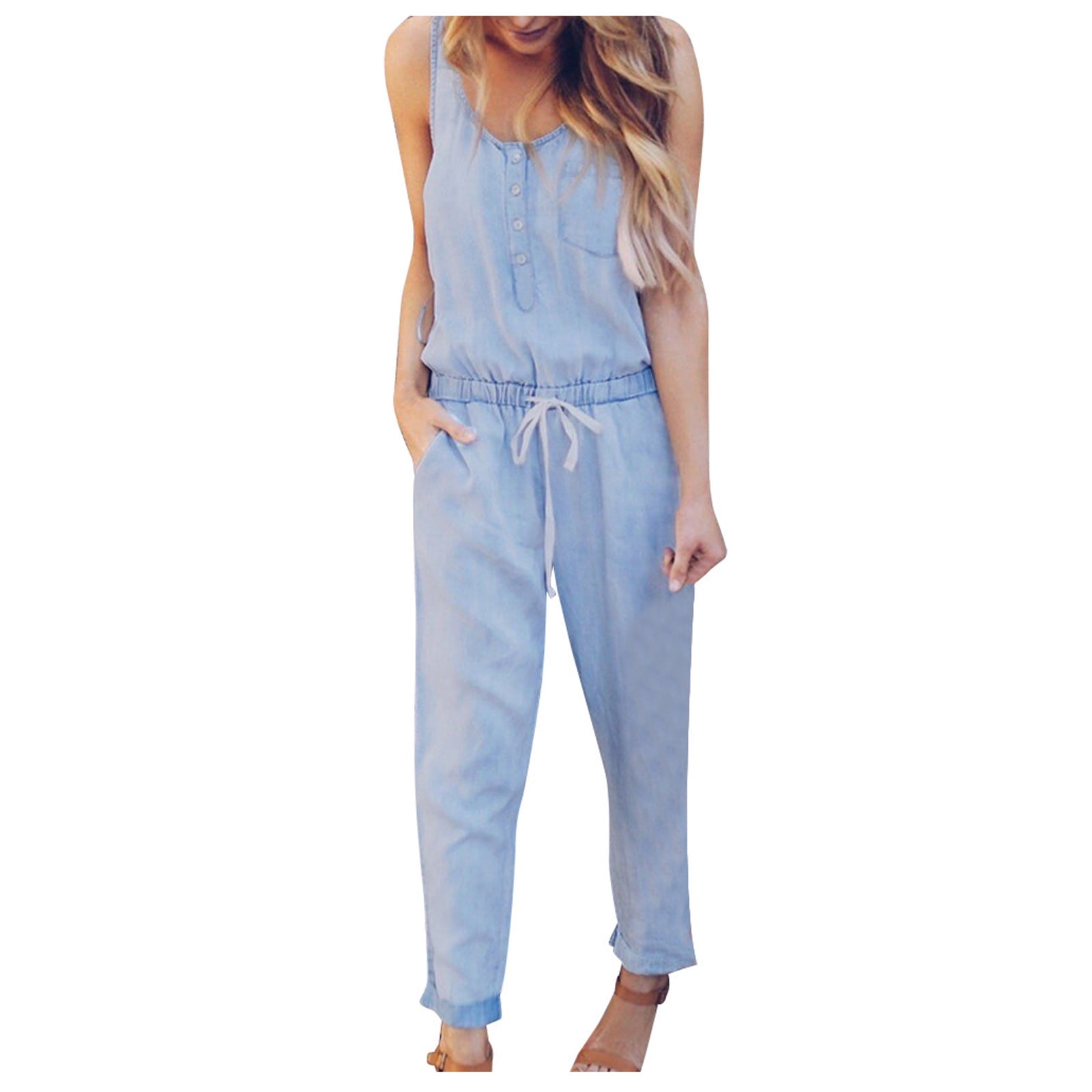 Women Holiday Playsuit Jeans Demin Elastic Waist Button Out Strappy Long Beach Jumpsuit 