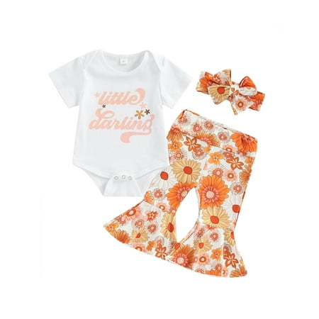 

Bagilaanoe 3pcs Newborn Baby Girl Pants Set Letter Print Short Sleeve Romper Tops Floral Print Flared Trousers Headband 3M 6M 12M Infant Casual Clothes