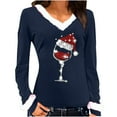 thumbnail image 2 of Puntoco Mujeres Sexy Navidad Copa de Vino Delgado Terciopelo Stiching Casual Impresión de manga larga con cuello en V Camisas Blusas tops Puntoco Puntoco-7325, 2 of 4