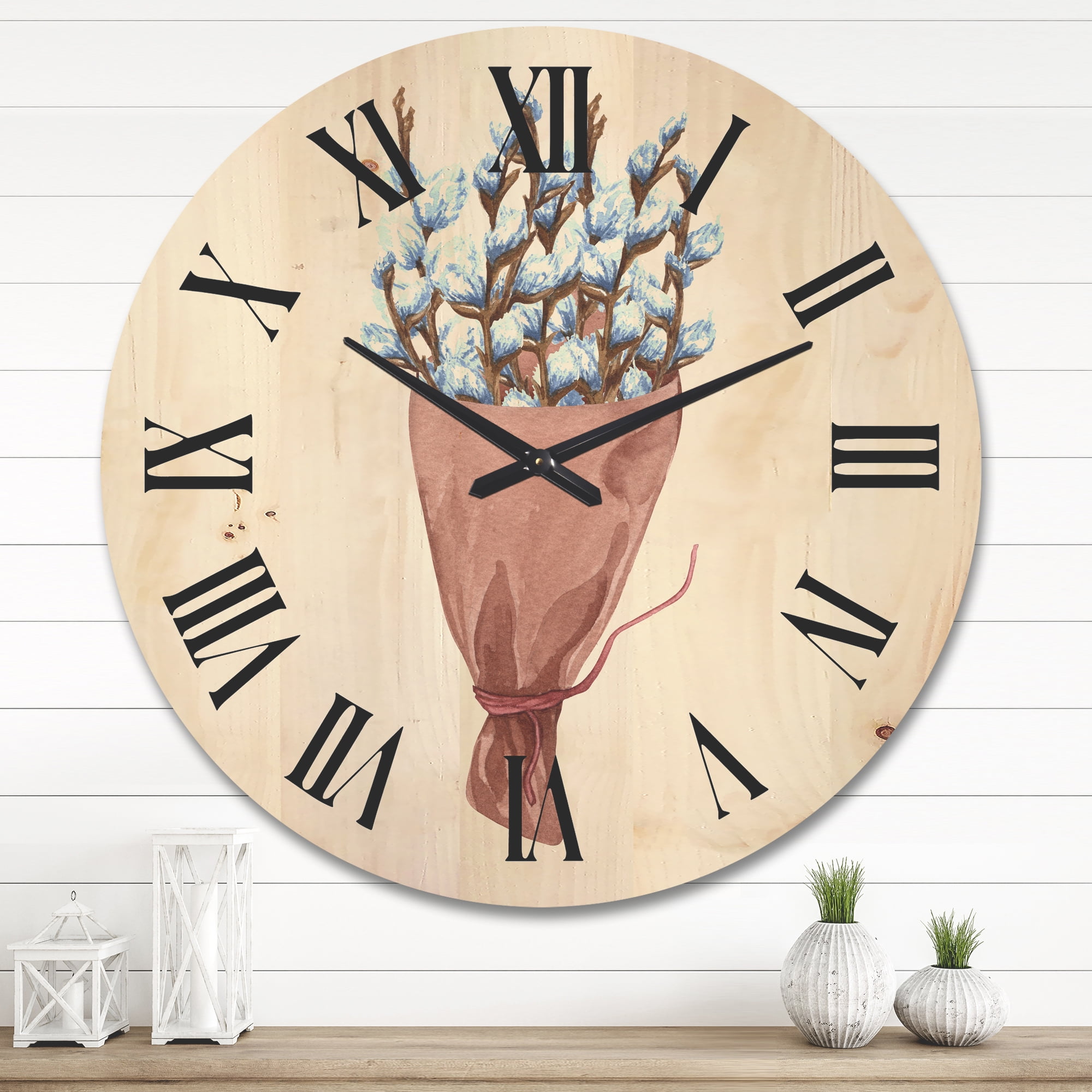 Designart 'Bunch of White Pussy Willow Twigs I' Farmhouse Wood Wall Clock