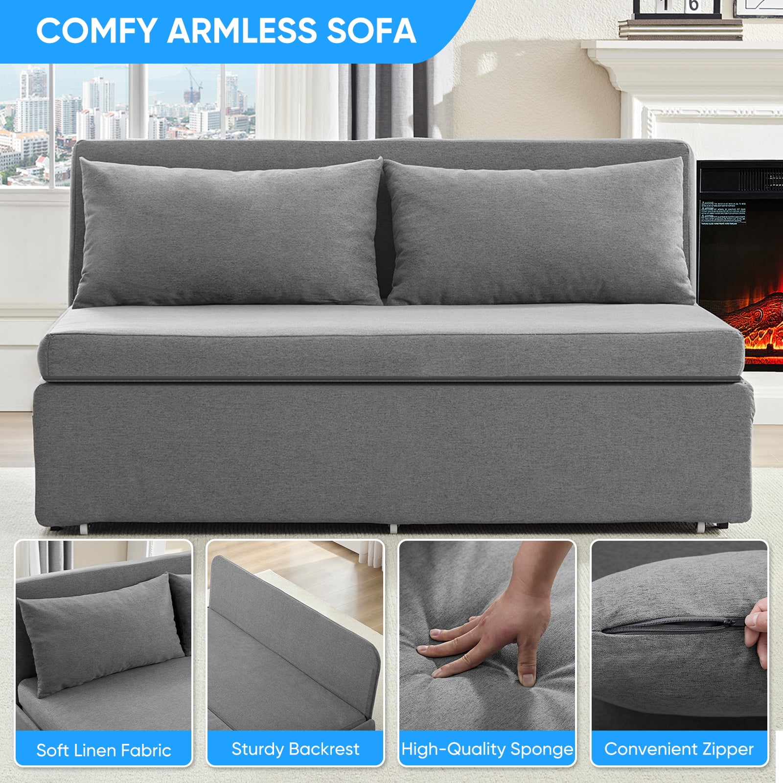 BALUS 62" Linen Queen Size Pull Out Sofa Bed Include 2 Pillows,Convertible Loveseat Sleeper Sofa with Foldable Mattress,Light Gray