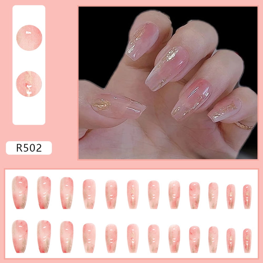 24Pcs Glossy Blush False Nails Gold Foil Pink Fake Nails for Women and