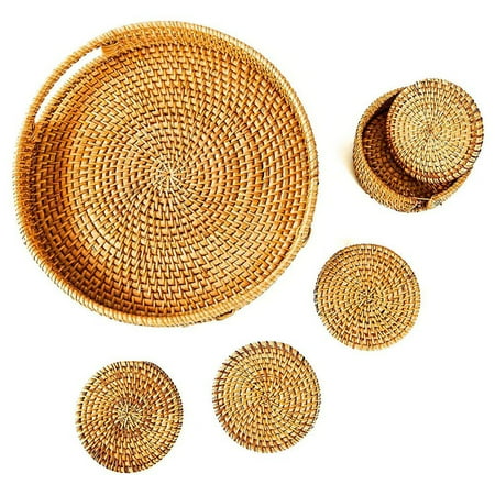

Round Rattan Tray Wicker Tray with 6 Rattan Coasters Home Decor Tray