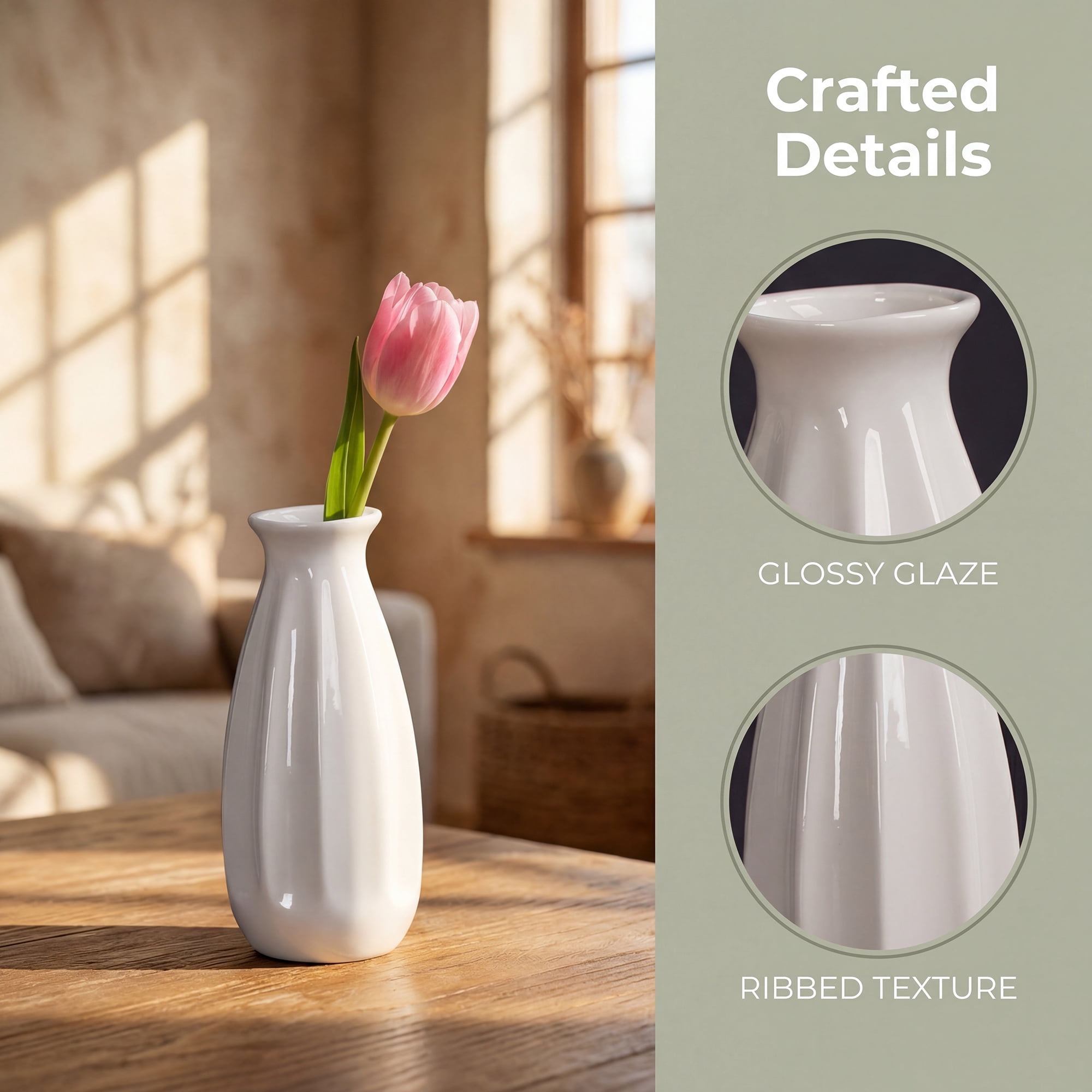 Unique Bargains Small Ceramic Matte Ribbed Flower Vase White 2.4"L x 2.4"W x 5.1"H