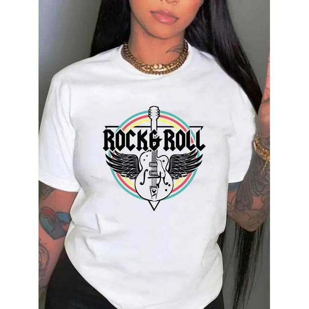 Camiseta informal de manga corta y cuello redondo para mujer, con estampado de guitarra arcoíris, de algodón de punto y estampado geométrico, cómoda para verano, ideal para todas las estaciones, ropa