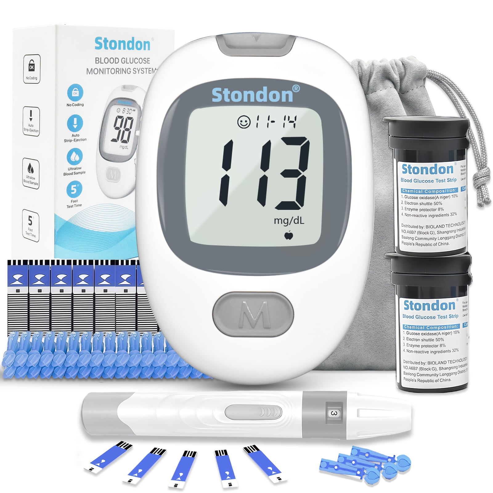 Stondon Blood Glucose Monitor Kit, 100 Glucometer Strips, 100 Lancets, 1 Blood Sugar Monitor,1 Lancing Device,Blood Sugar Test Kit, No Coding, Large Display, Diabetes Testing Kit
