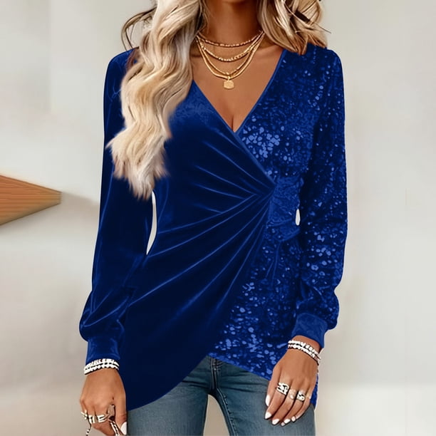 Uootdi Plus Size Sequin Tops for Women Sparkly Glitter Bow Crewneck Long Sleeve Shirts Evening Party Night Top Going Out Pullover Gift