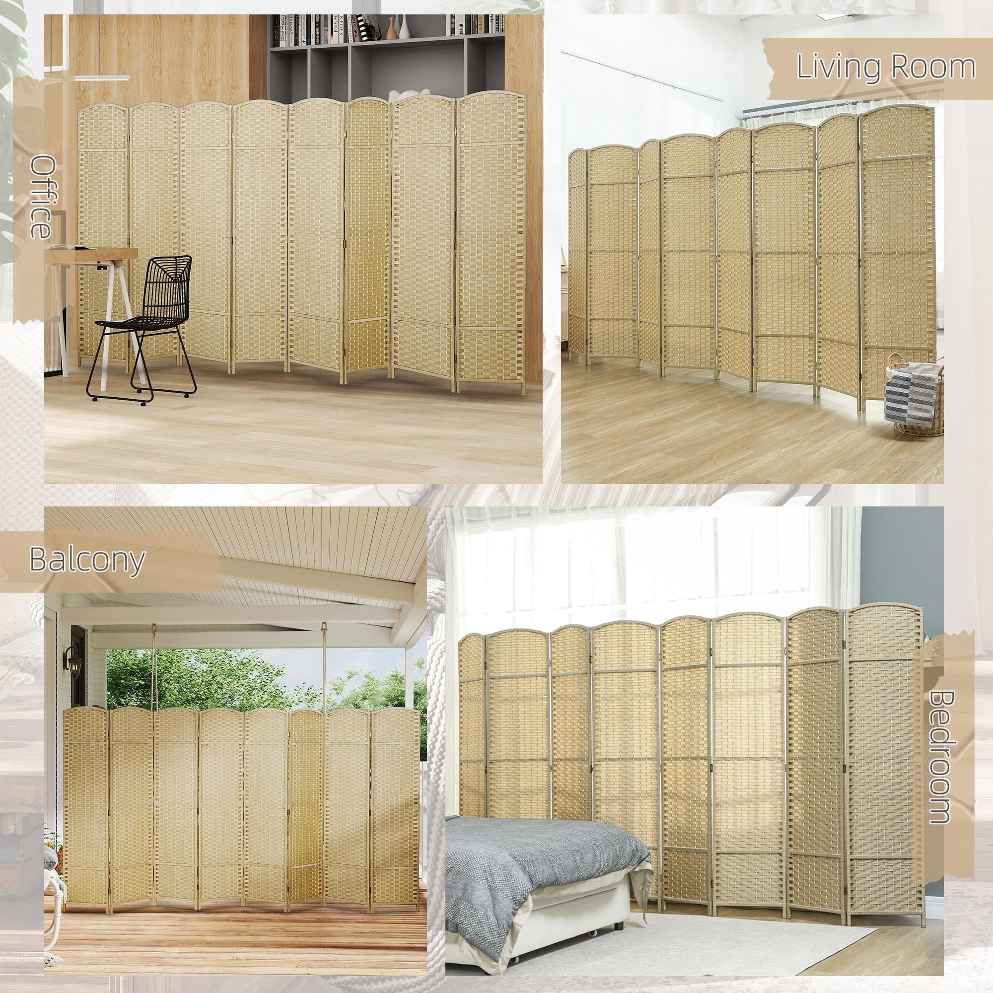 8 Panel Folding Room Divider 5.6' (66.9") Tall Privacy Screen, Freestanding Polypropylene Woven Partition with Pine Wood Frame for Home Office, Beige