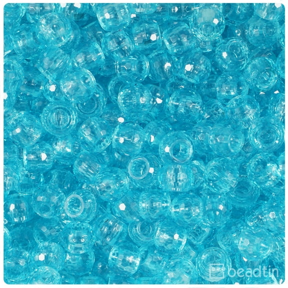 BeadTin Light Turquoise Transparent 9mm Faceted Barrel Pony Beads (500pcs)