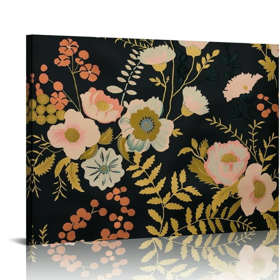 FCXZI Flowered Gold Accents Black Background Canvas Print Wall Decor for Bathroom, Ready To Hang Home Art Decor 16x12in