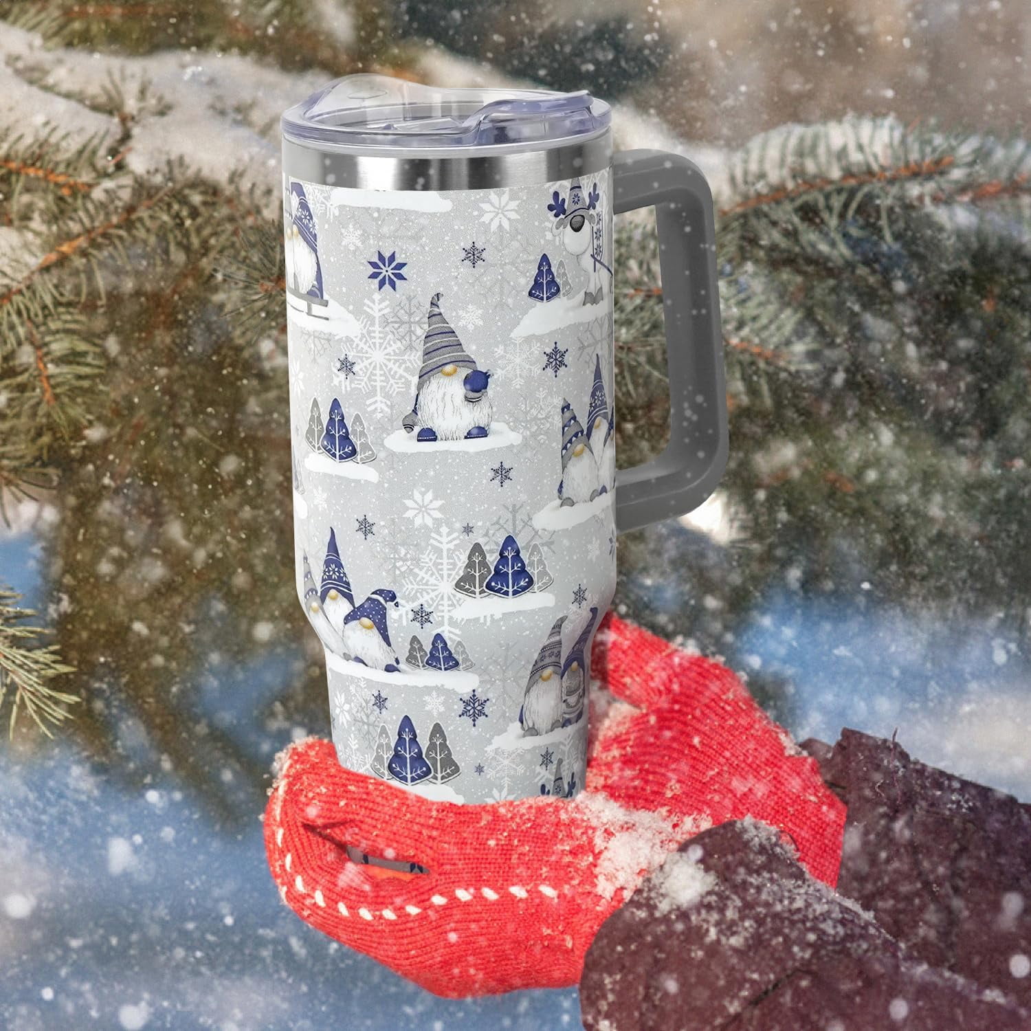 Christmas Gifts 40 oz Tumbler with Handle and Straw Lid,Cute Gifts for Women Winter Gnome Vacuum Insulated Leak Proof Tumbler,Holiday Accessories Stainless Steel Coffee Cup Mug (Blue)