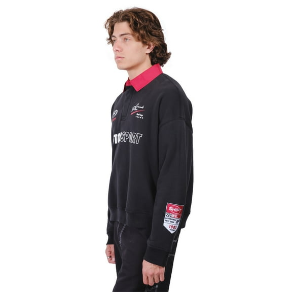 Brooklyn Cloth Motorsport 82 Rugby Fleece, Pullover, Retro Racing Graphic, Contrast Collar, Black, Small