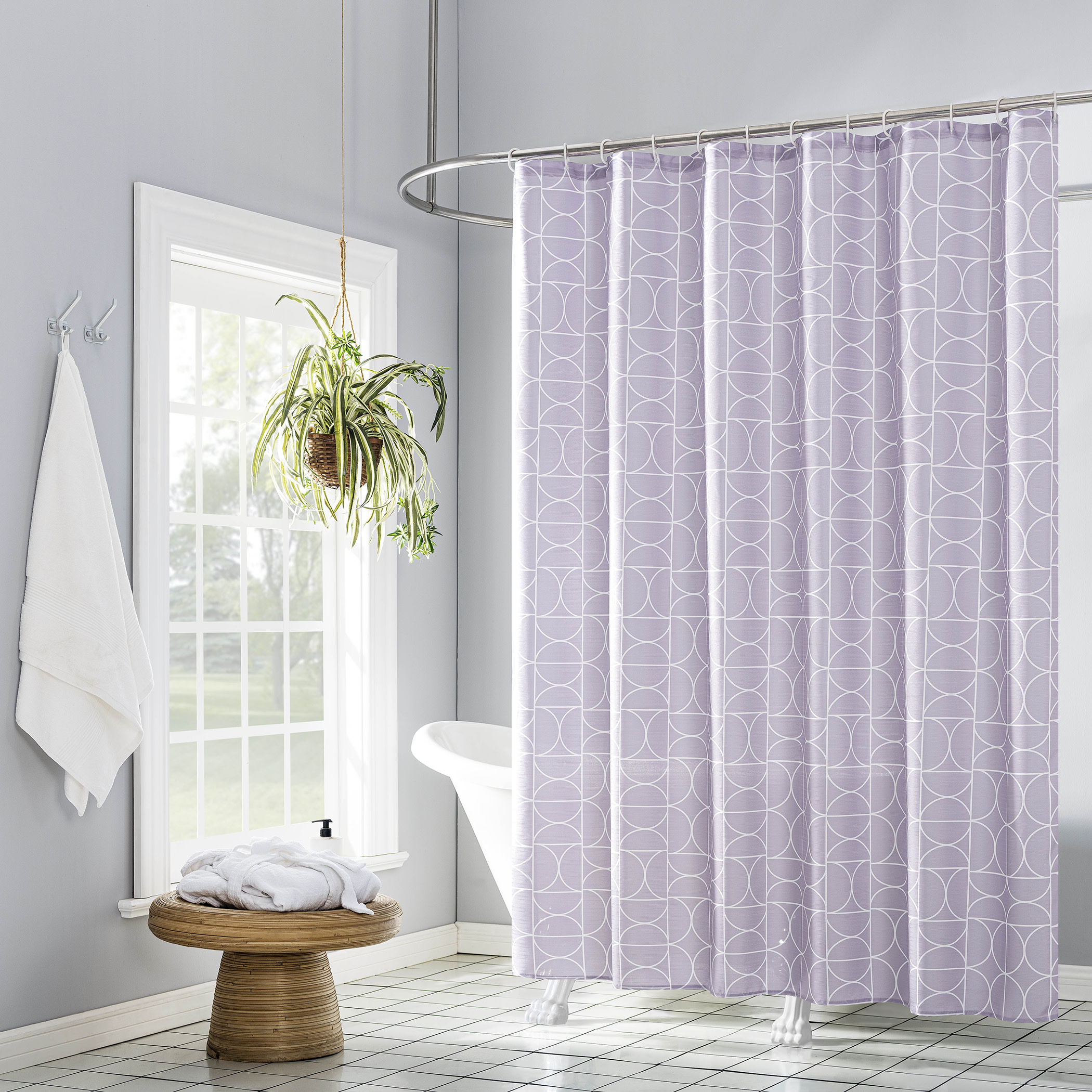 No. 918 Rodrick 13-Piece Geometric Print Shower Curtain and Rings Set, 70"x72", Lavender