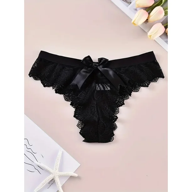 Tanga de encaje con lazo, bragas transparentes de cintura baja y elasticidad media, lencería y ropa interior femenina