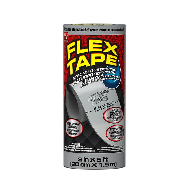 Flex Tape , Ruban Imperméable Caoutchouté Robuste, 8 Pouces x 5 Pieds, Gris