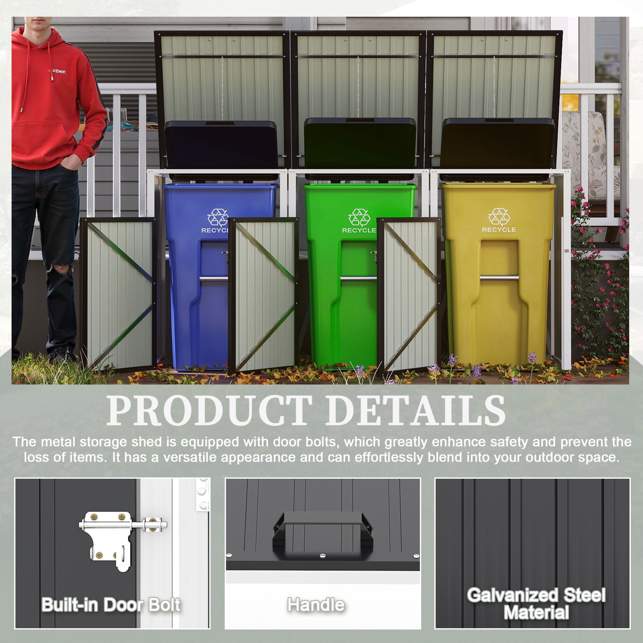 Noble House Outdoor Garbage Bin Shed for 3 Trash Cans, Lockable Galvanized Steel Garbage Bin Enclosure, Dark Gray