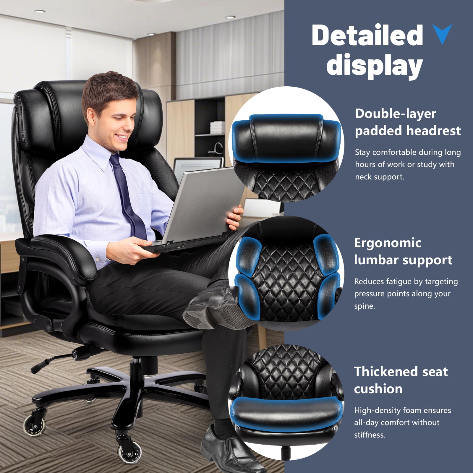 800LBS Big and Tall Office Chair for Big and Tall Individuals, Durable Chair with High Back, Extra Wide Seat and Adjustable Lumbar, Large Computer Desk Chair Comfortable for Home Office