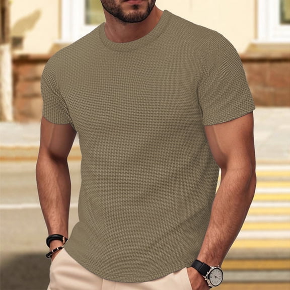 Domuza Shirt for Men Casual Short Sleeve Classic Knit Textured T-Shirt Summer Round Neck Solid Color Top Khaki XL