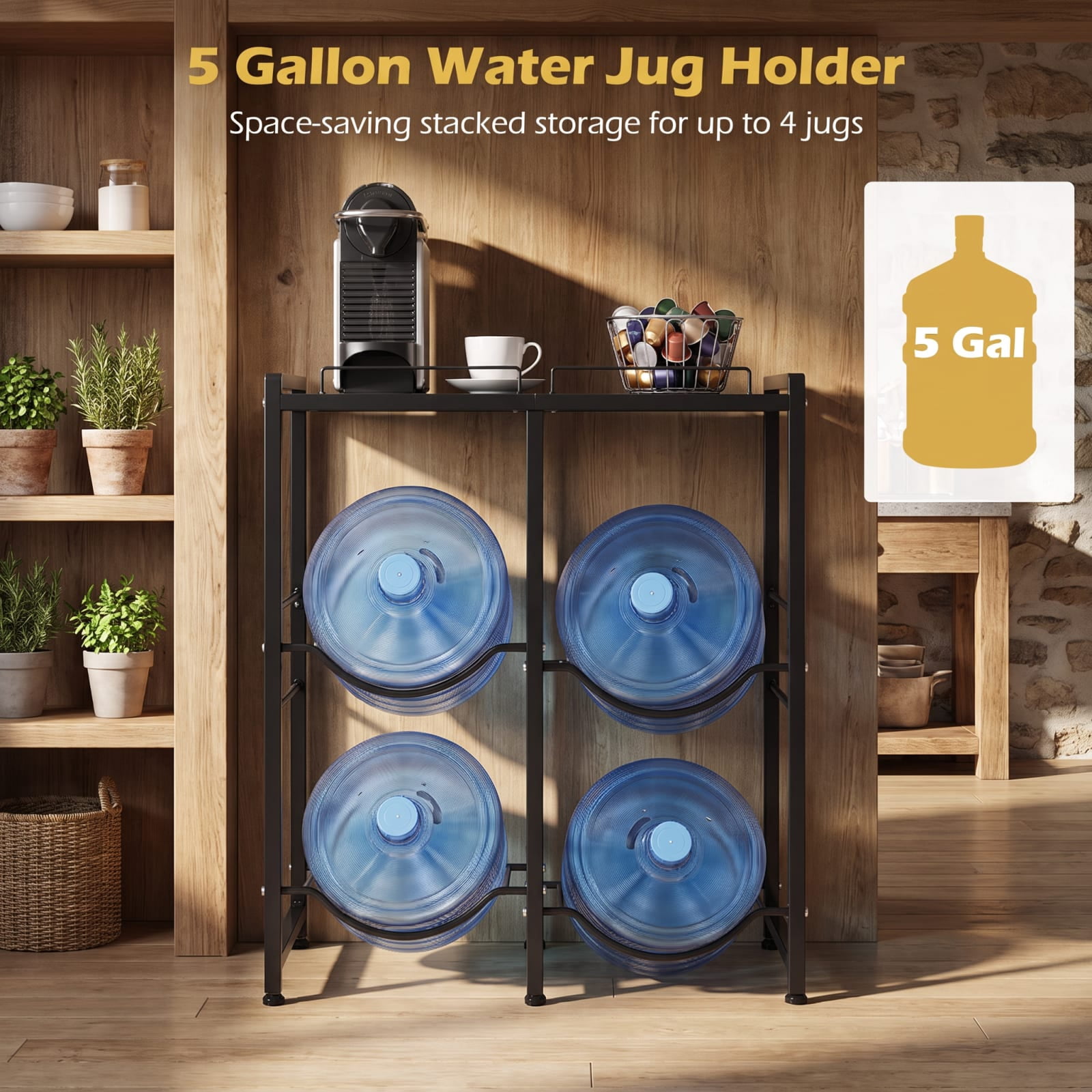 Biotree 5 Gallon Water Jug Holder for 4 Bottles with Storage Shelf, Black