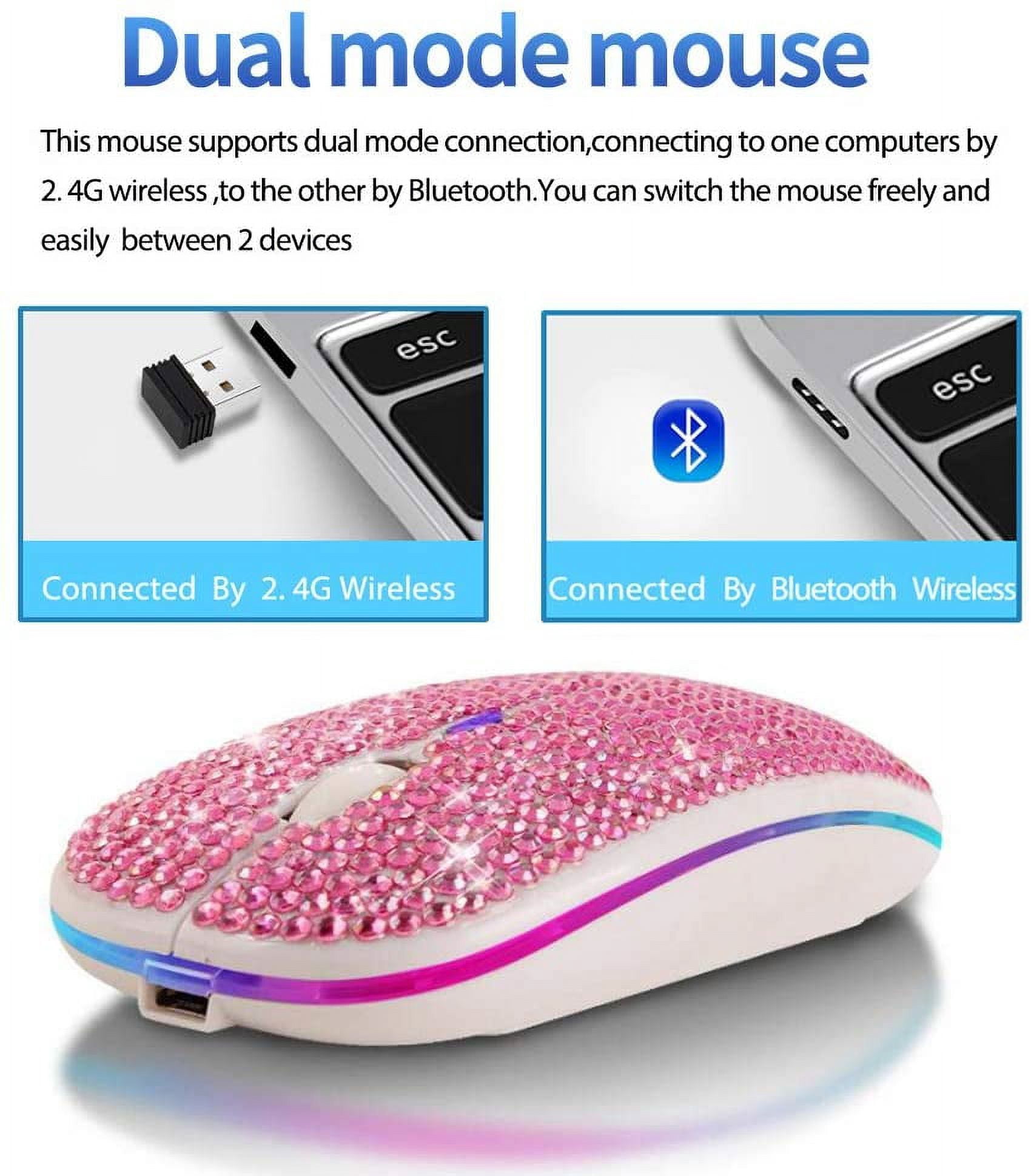 Bling Rhinestone Bluetooth Mouse, 2.4G Rechargeable Wireless Slim Mouse with USB Receiver, Sparkling Glitter Mouse for PC Laptop MacBook, Gift for Women