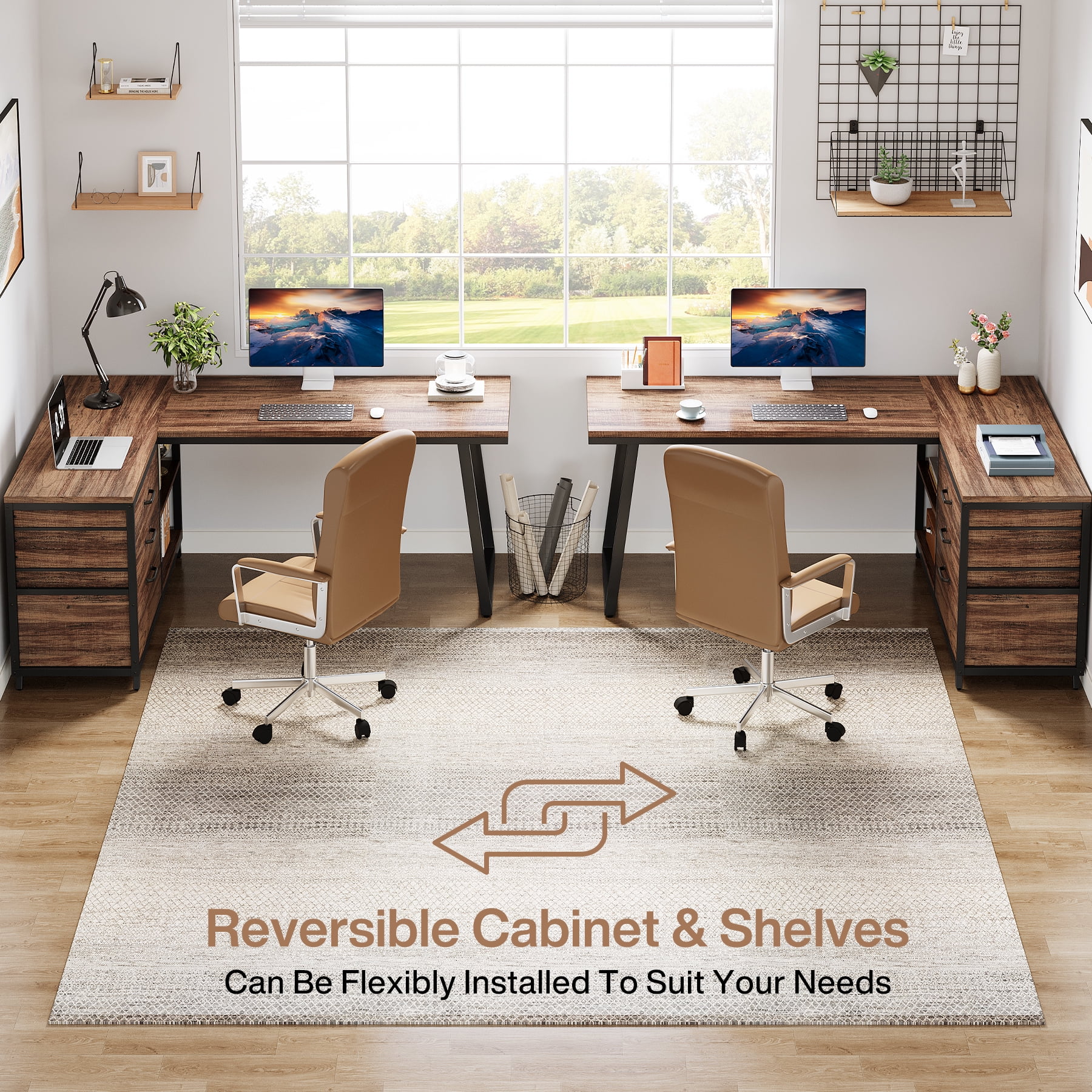 Fnova 53.15" L-shaped Computer Desk with 3 Drawers, Wood Tabletop, Metal Frame Office Desk, Brown