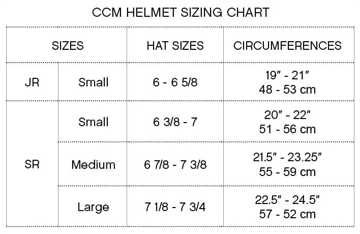 Goalie Helmet Size Chart