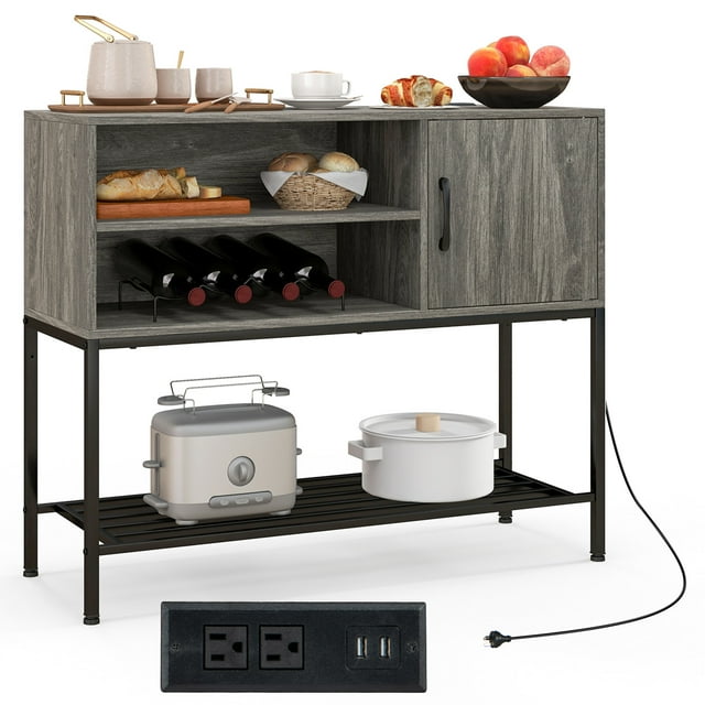 Gymax Buffet Sideboard w/ Power Outlets & USB Ports Wine Racks & Storage Shelves Rustic Grey & Black