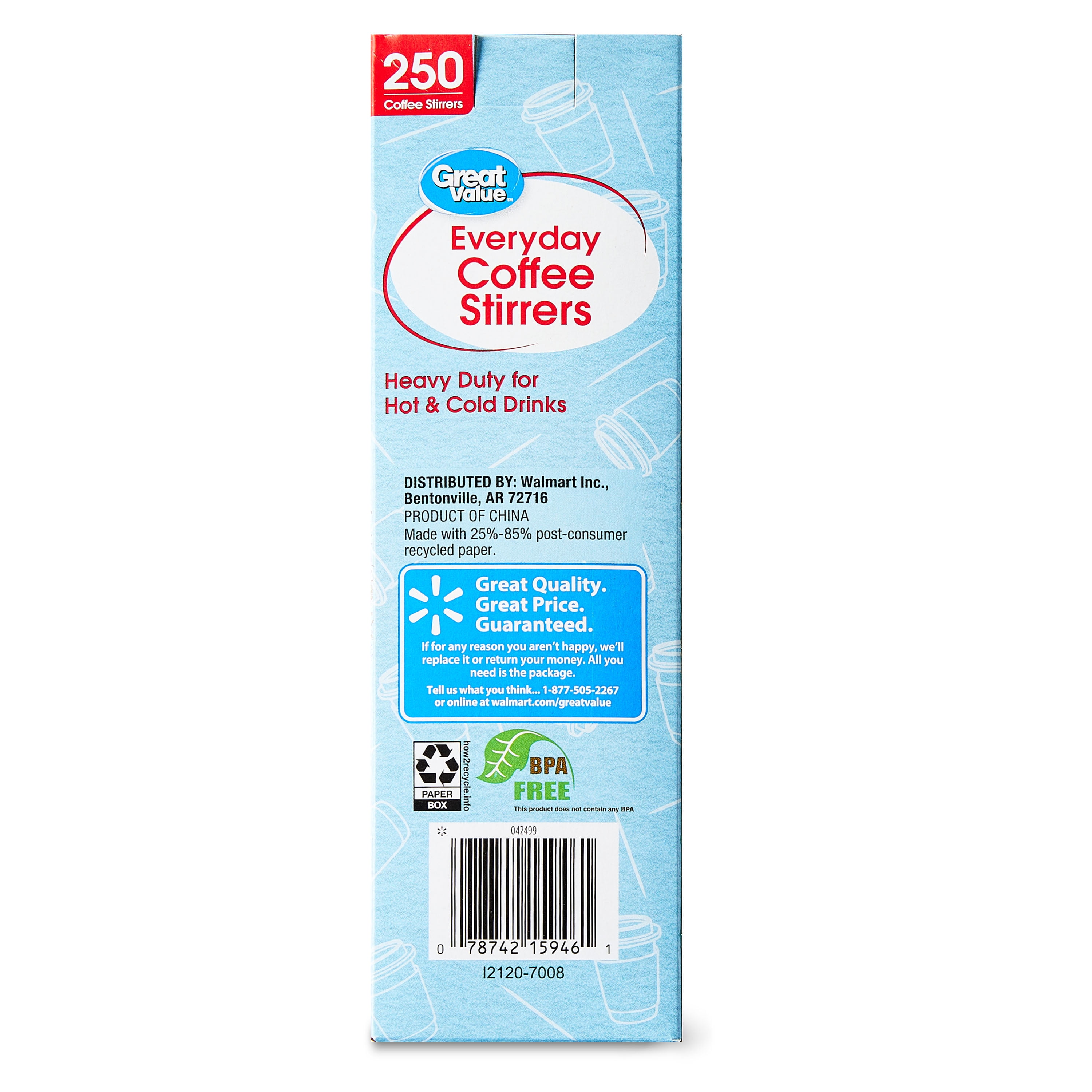 (3 pack) Great Value Disposable Plastic Coffee Stirrers, Black, 250 Count