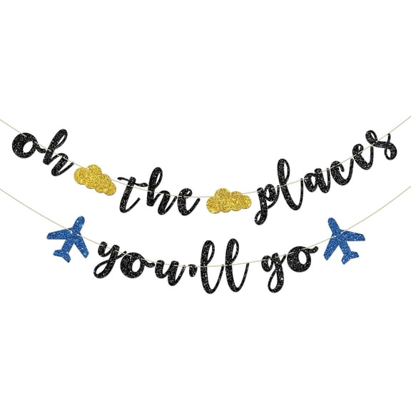Oh The Places You'll Go Banner - Travel Theme Farewell Party Bunting Decor - Bon Voyage - Birthday Anniversary Graduation Baby Shower Party Decorations, Black Glitter