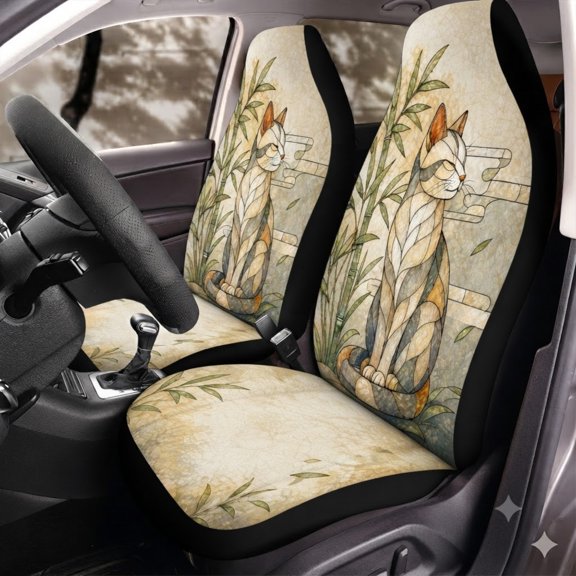 Emacom Ltd Japanese Cat Car Seat Covers, Zen Bamboo Cat Art Auto Seat Protectors, Asian Style Pet Car Interior Accessories