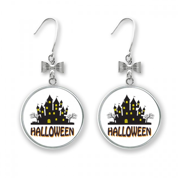 Happy Halloween Horror Castle Bow Earrings Drop Stud Pierced Hook