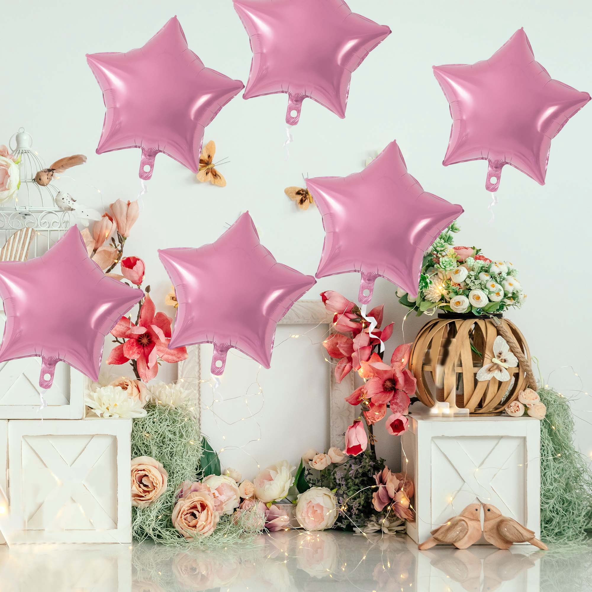 Unique Bargains 10Pcs Helium Balloons with Ribbon Star Pattern Pink