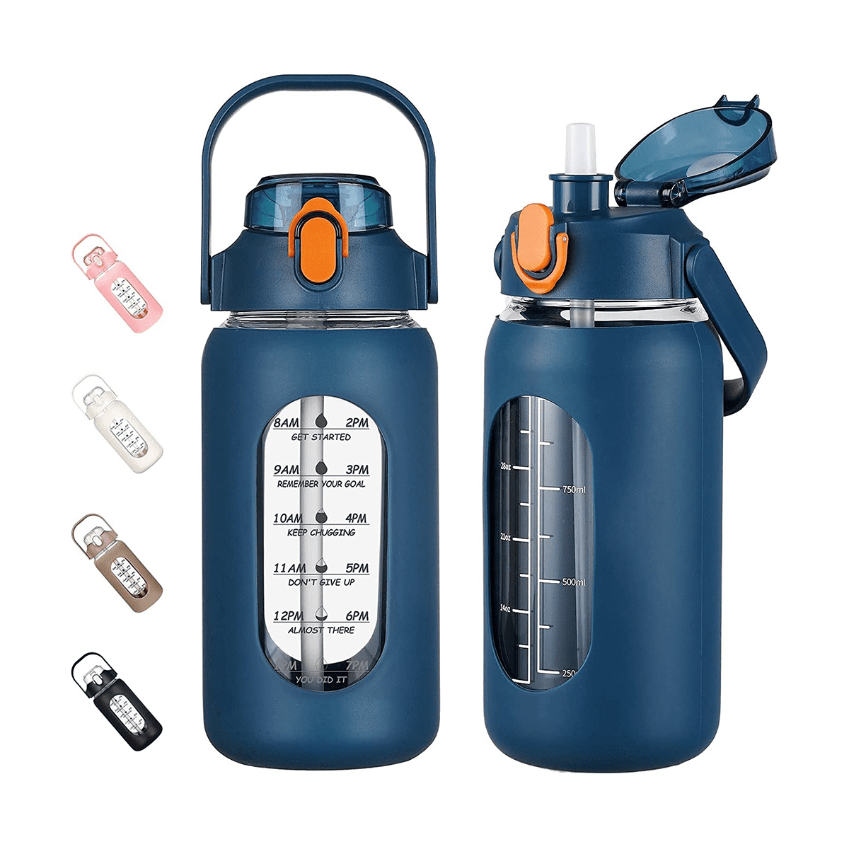 64Oz Glass Water Bottles with Straw, Glass Bottle with Silicone Sleeve and Time Marker, for Gym Home Office Navy Blue