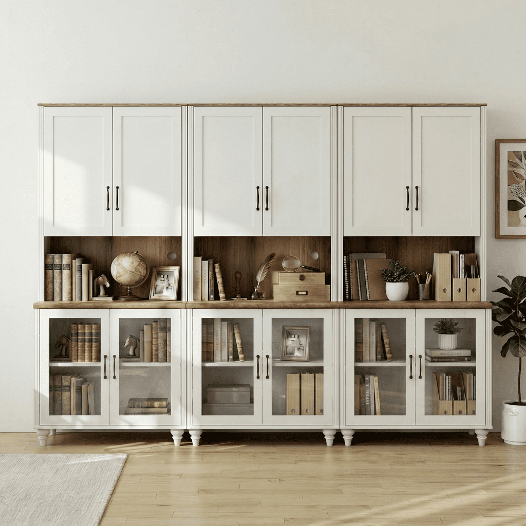 Sideboard Buffet Cabinet with Storage, Large Bookcase with Glass Doors and Adjustable Shelf, Library Wooden Bookshelves for Living Room, Kitchen, Study Room, White, 72" H